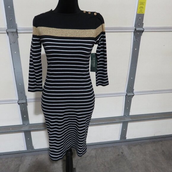 Ralph Lauren Dresses & Skirts - Ralph Lauren Blue & Gold Striped Knit Petite Dress Sweater dress NWT sparkly 2 P